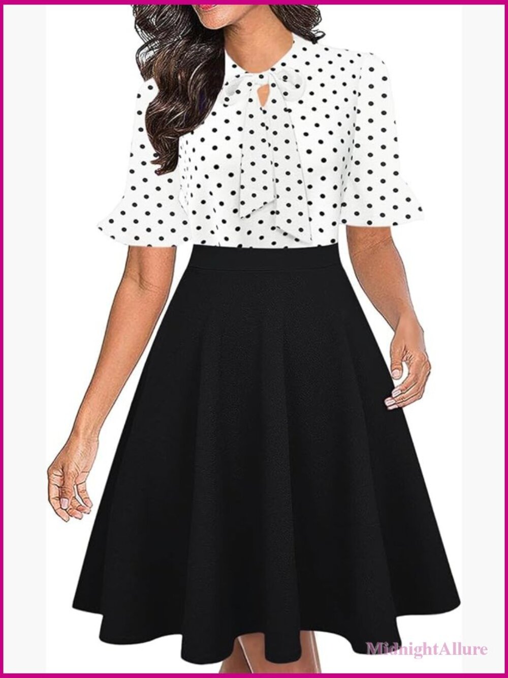 Flounce Sleeve A-Line Tie Neck Dress Knee Length